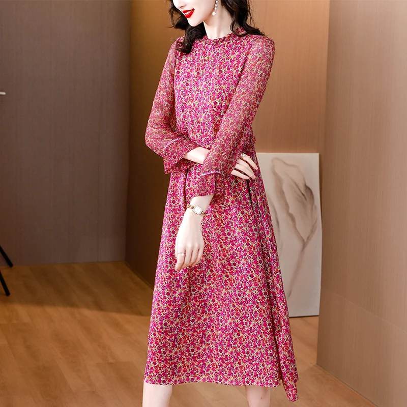

2023 New Fashion Silk Printed Dress Women's Summer Silk Fragmented Flower Loose Fit Casual Holiday Dress Vestidos
