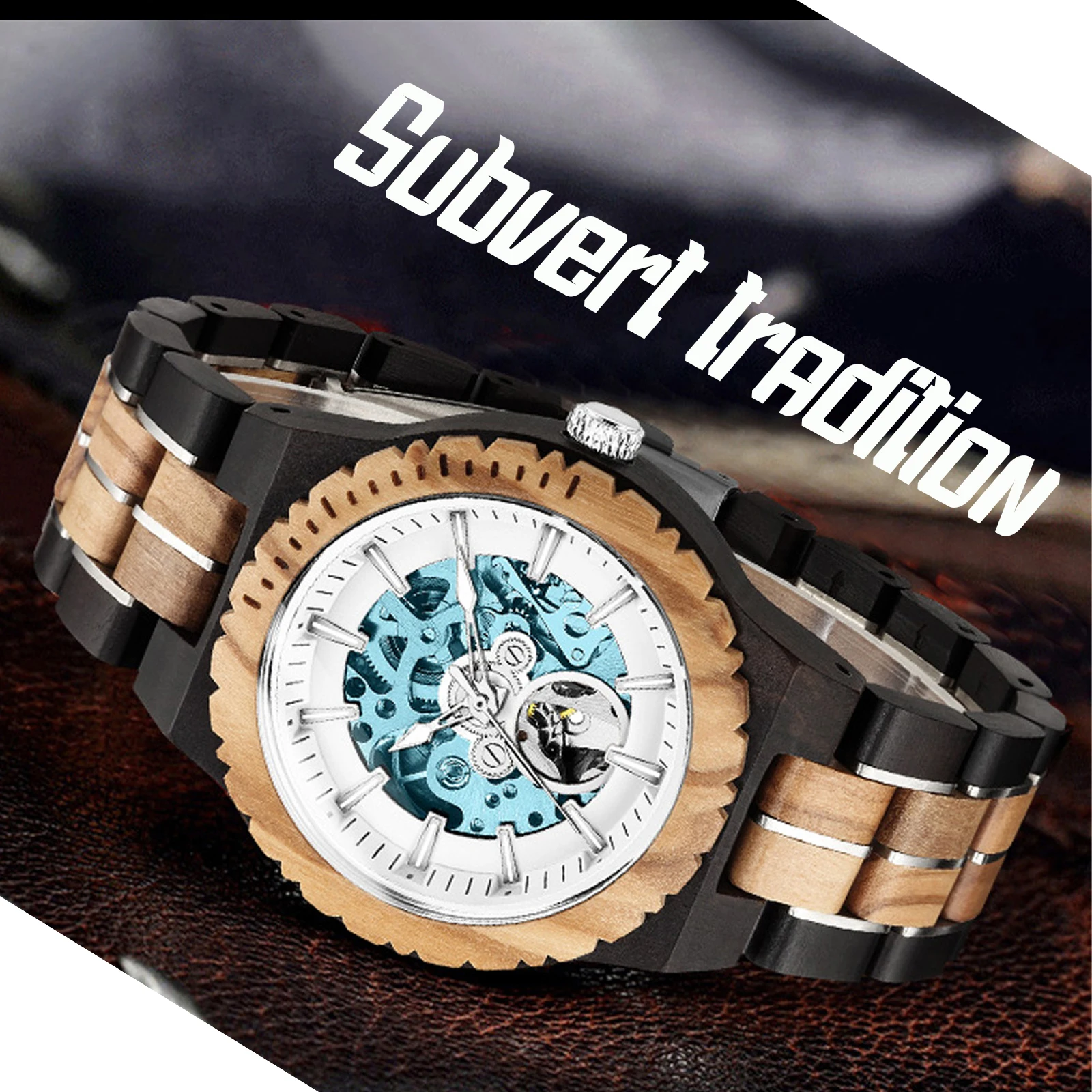 Men Wooden Mechanical wristwatches, Casual Fashion Luminous Waterproof Analog Skeleton Watch, Adjustable Strap Best Gift for Men