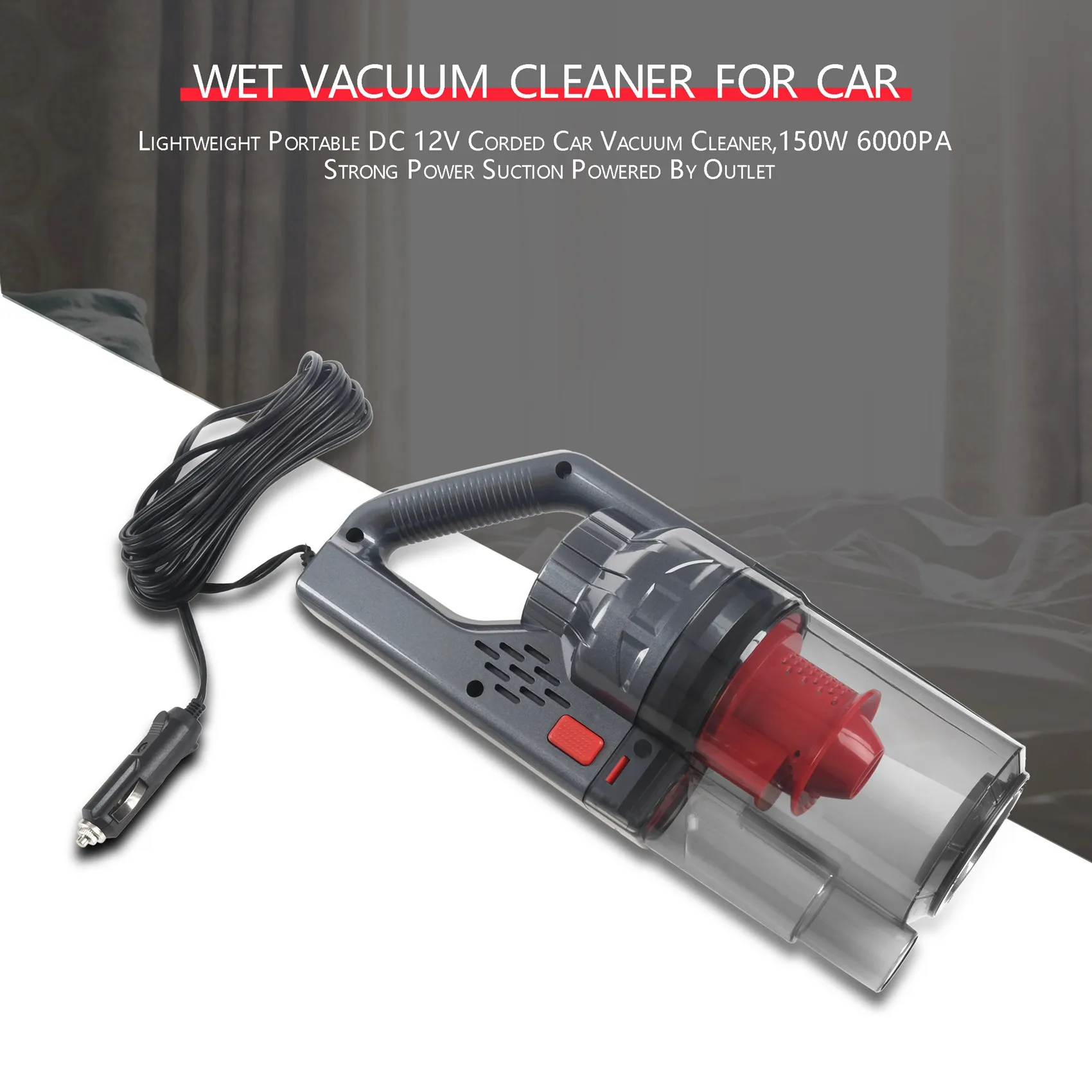 경량 휴대용 DC 12V 유선 자동차 진공 청소기, 150W, 6000PA, 강력한 흡입력, 콘센트 전원, 습식 및 건식 핸드헬드 자동