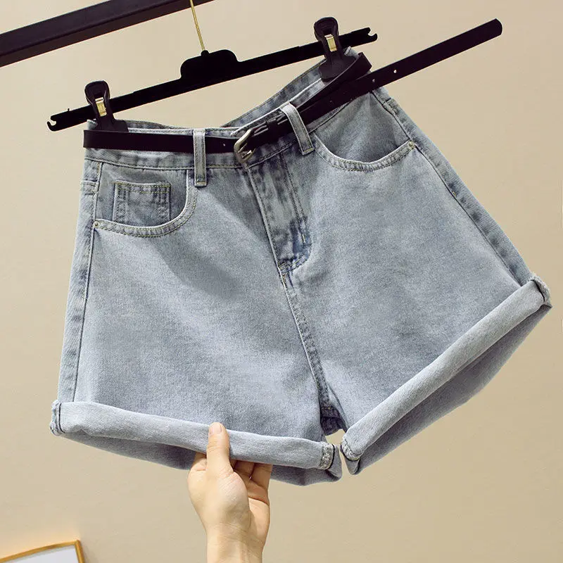 Women's 2024 Summer New Korean Loose Versatile Solid Color High Waist Button Patchwork Pocket Wide Leg Holes Casual Denim Shorts