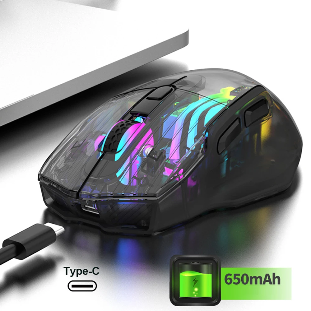 Transparent Multi-Mode Wireless Gaming Mouse with Bluetooth and USB-C Connectivity