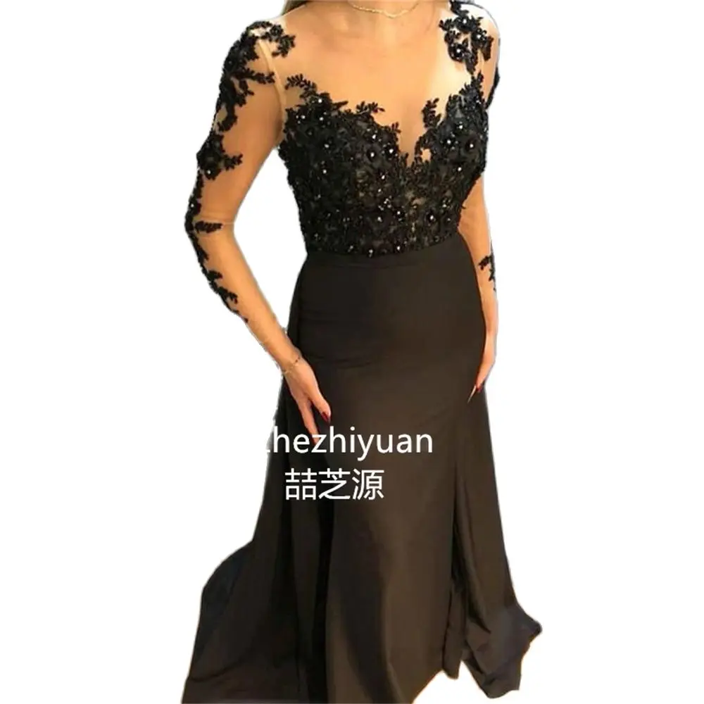 

Evening Dresses For Women Long Sleeves Black Satin Pearls Beading Illusion Detachable Skirt Elegant Party Dresses Formal Dresses