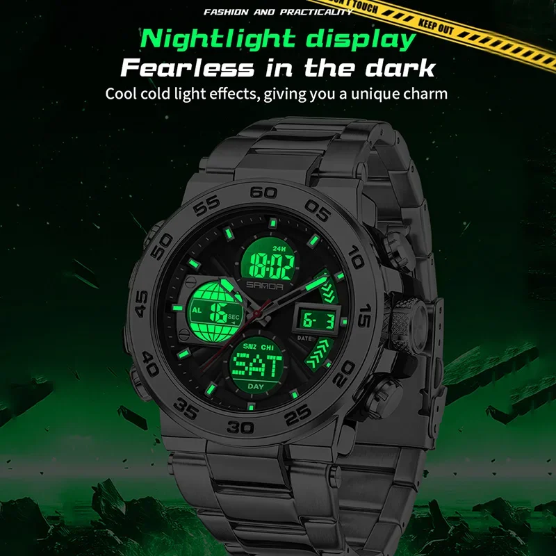 SANDA New Steel Strip Sports Men's Watch Dual Display Dual Movement 5ATM Waterproof Multi functional Man Electronic Quartz Watch view 3