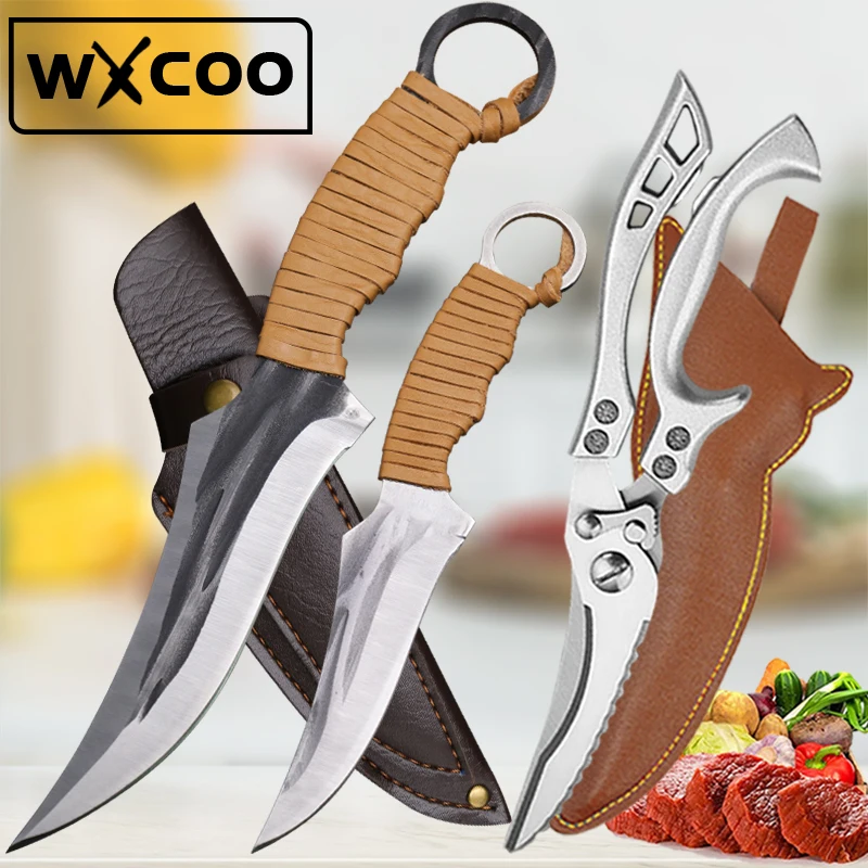 WXCOO Kitchen Scissors Boning Knife High Carbon Steel Chef Meat Fruit Knife Professional Butcher Cleaver Fish with Cover