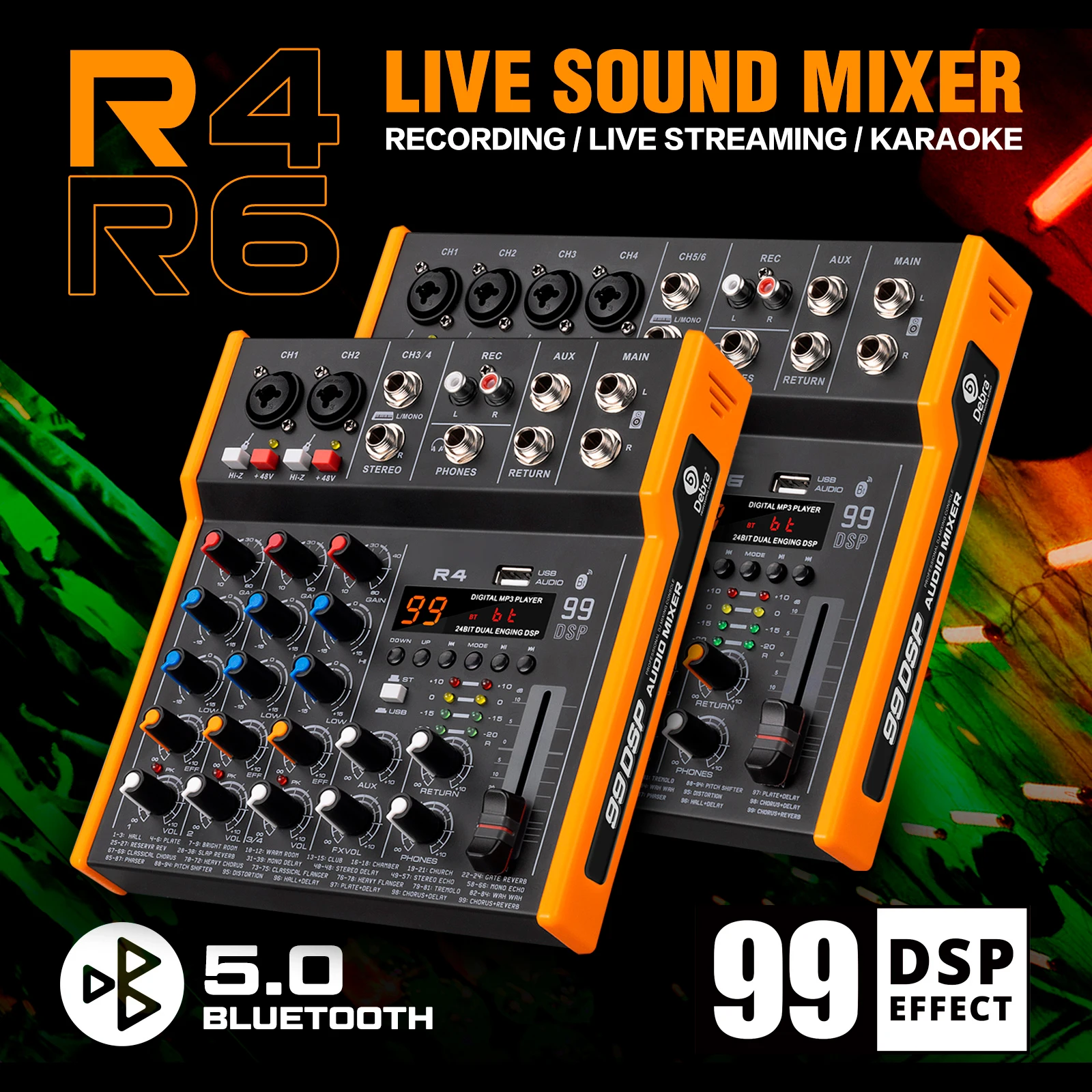 Debra R4/R6 6-Kanal Multi-Audio-Mixer 99DSP Stereo DJ-Controller 6,5-mm-Ausgang Typ-C-Soundkarte für Live-Mixing, PC-Aufnahme – Detail 1