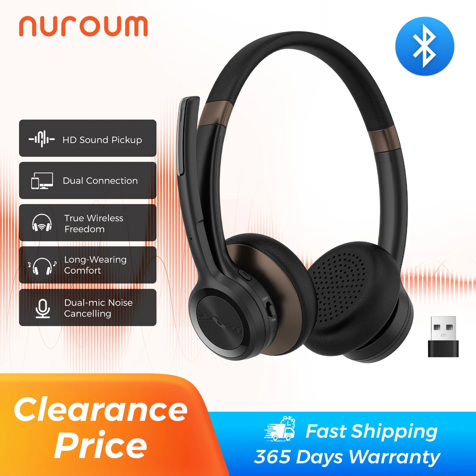 Nuroum HP30 Bluetooth 5.3 Wireless Headset with Microphone, ENC Noise Cancelling Mic for Work Office Call Center, On Ear Headphones Wireless or Wired for PC Laptop Mobile Cellphone, 10m/33ft Range Multi-Point Mute Button Handsfree