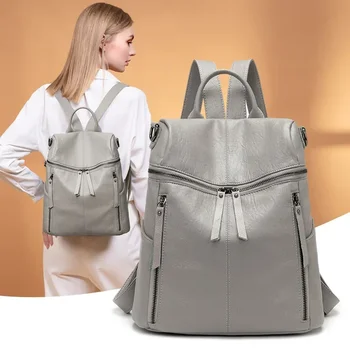Backpack girls Korean fashion all-match soft leather cowhide leather backpack school bag dual-use pouch bags for women 1