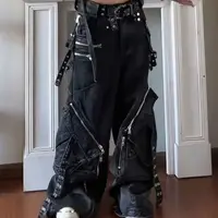Black Gothic Punk Multi-Pocket Zipper Black Jeans Men And Women Y2K American Baggy Fashion Vintage Casual Loose Wide-Leg Jeans