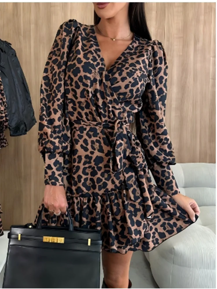 Sexy V-neck Bubble Long Sleeved Leopard Print Lace Up Women's Dress ...