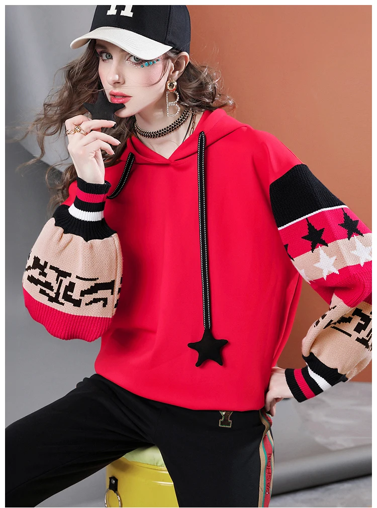 سترة نسائية بغطاء للرأس على شكل نجمة - سويت شيرت كبير الحجم مع رباط |   بلوفر كاجوال