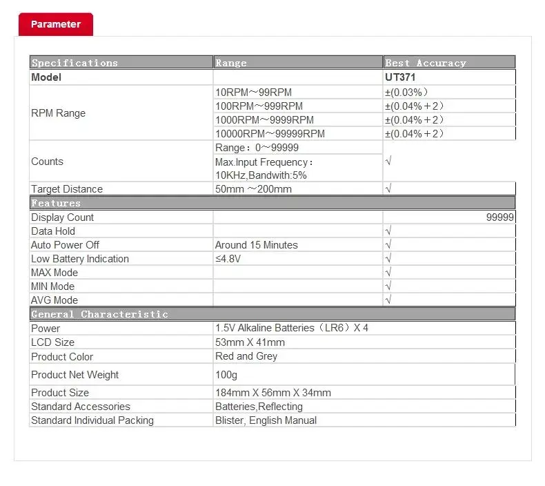 Description Picture 3 of itemUNI-T UT371 Handheld Non-Contact Tachometers RPM Range 10~99999 MAX/MIN/AVG Target Speed Measuring Instruments