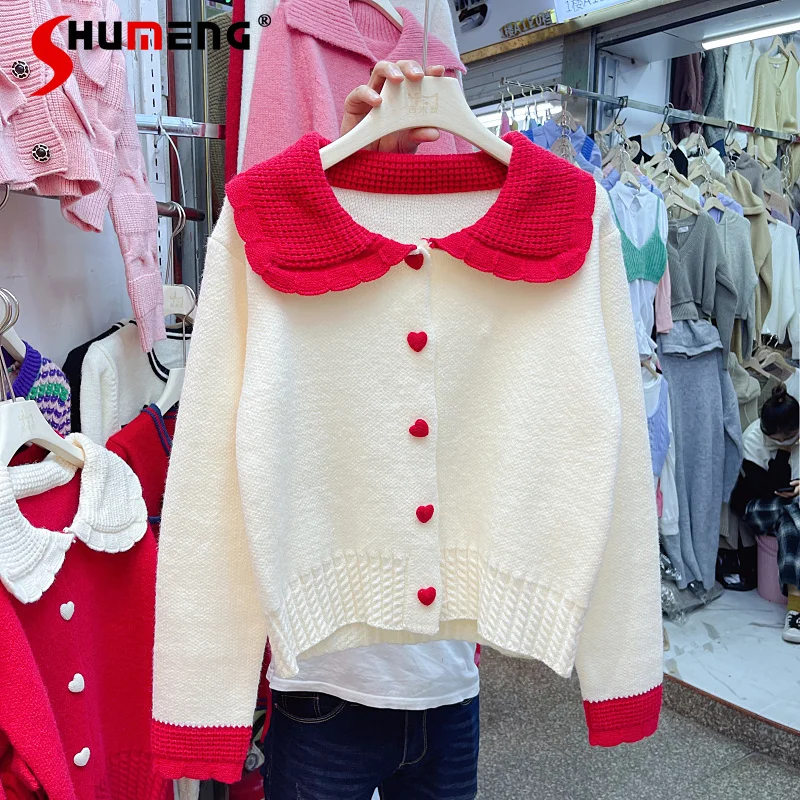

Women 2022 New Korean Style Contrast-Color Doll Collar Knitted Top Ladies Fashion Sweet Heart Buckle Sweet Sweater Cardigan Coat