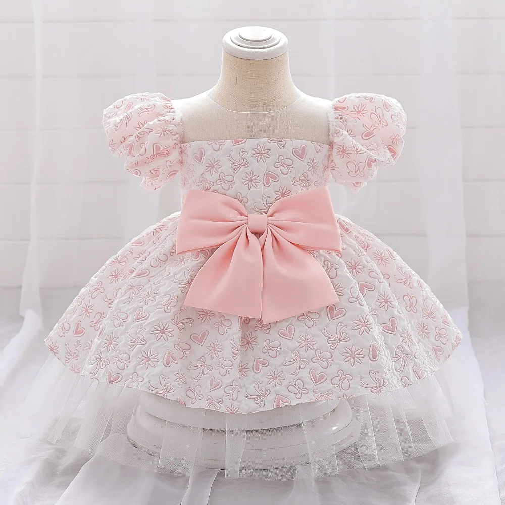 

2023 Pink Flower Girl Elegant Dresses Baby Infant Short Sleeves Ballgown Children Baptism Formal Elegant Clothing