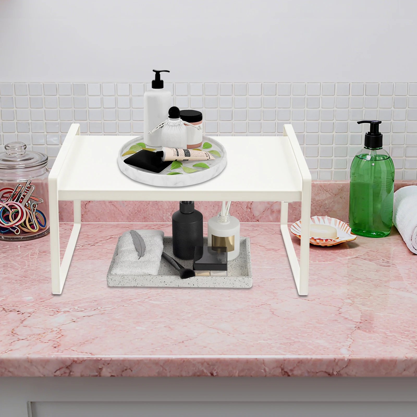 Expandable Cabinet Shelf, Extendable from 34-63 cm, Maximum Load 10 kg, Non-Slip Iron Shelf Organiser for Kitchen, White