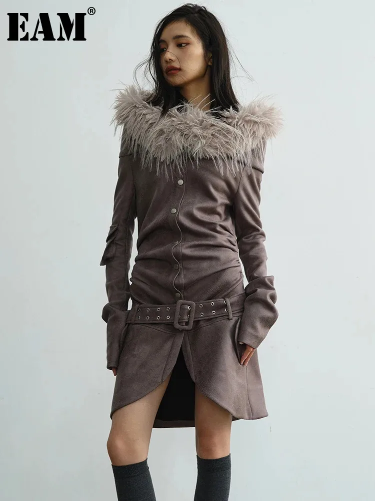 

[EAM] Women Brown Fur Suede Elegant Pleated Mini Dress New Slash Neck Long Sleeve Fashion Tide Spring Autumn 2024 1DH3196