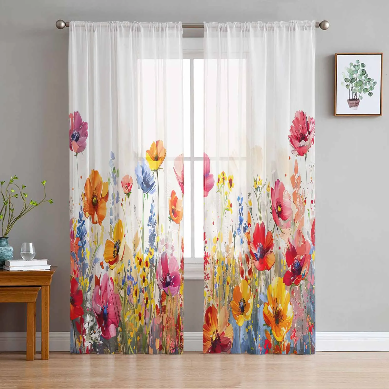 

Flowers Plants Watercolor Leaves Tulle Curtain for Living Room Bedroom Window Treatment Sheer Voile Curtain Kitchen Drape