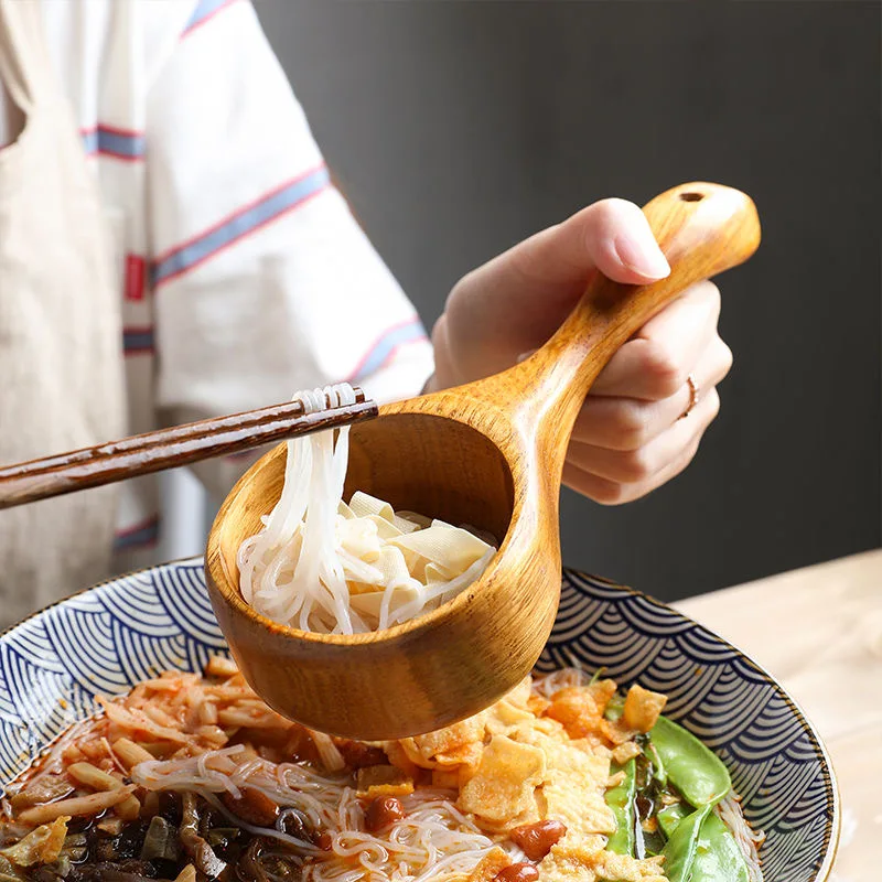 Natural Solid Wood Noodle Spoon Large Soup Ladle Japanese Short Handle Porridge Spoon Soup Ladle Water Scoop Kitchen Household, wooden scoop spoon