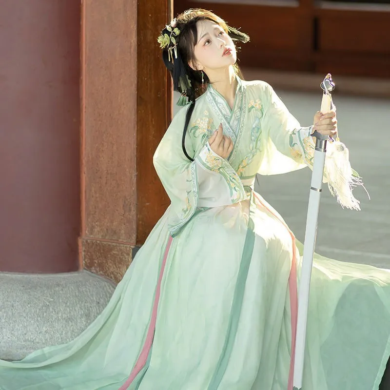 Women's Han Chinese Clothing Style Embroidered Cross Collar Waist Jacket and Dress Daily Ancient Costume