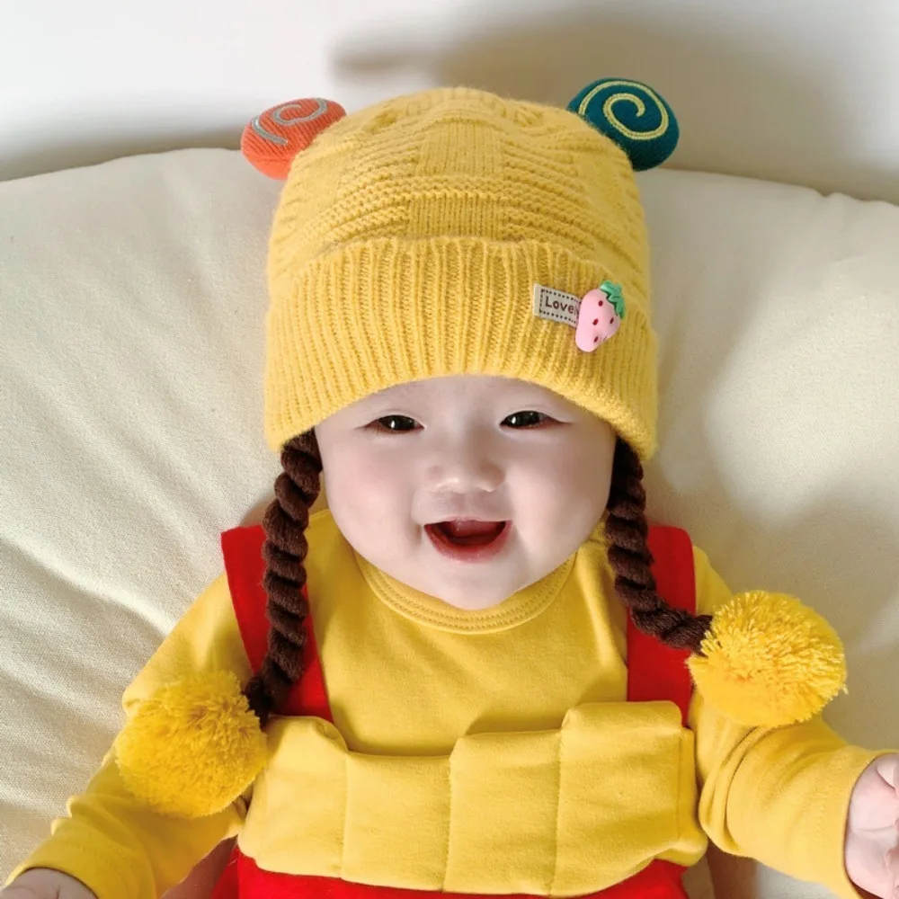 

Thickening Cute Baby Hat Warm Woolen Yarn Cotton Knitted Wig Braids Baby Caps Windproof Breathable