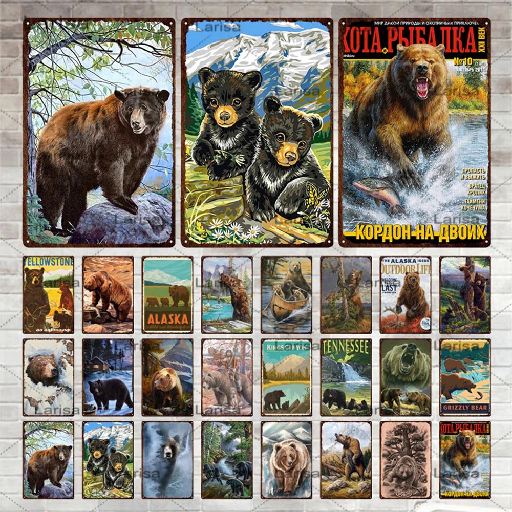 Bear Metal Tin Signs Vintage Man Cave Poster Animals Mountain River Metal Painting For Club Farm House Decor Hunt Wall Platform