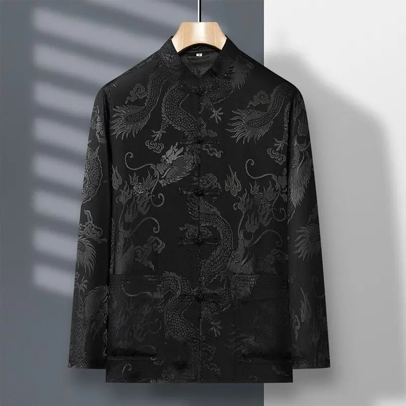 Spring New Middle Aged Elderly Tang Suit Men's Long Sleeved Satin Dragon Kung Fu Chinese Plus Size Shirt Training Clothing tai chi clothing