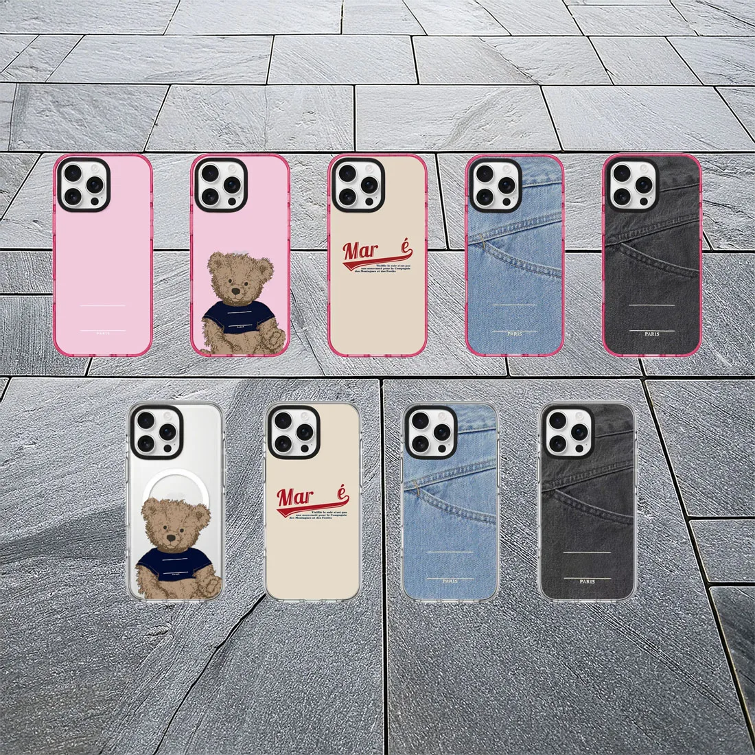 아이폰 1216 Pro Max 케이스: 곰 청바지 패턴, 핑크 화이트 글리터 프레임, 마그네틱