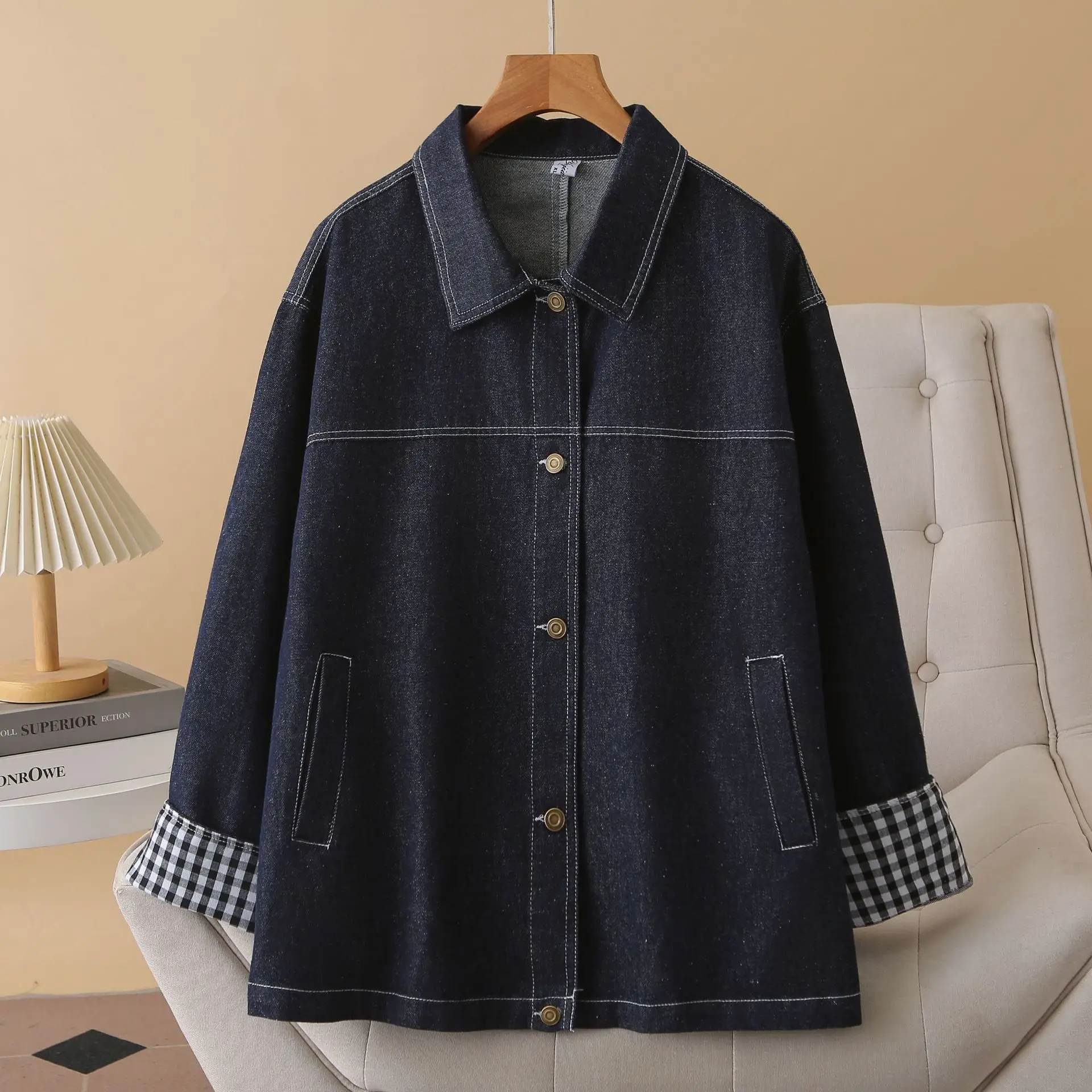 Plus Size Women's Jean Jacket Fashion Loose Cuffs Plaid Sleeve Single Breasted Denim Coat Autumn 2025