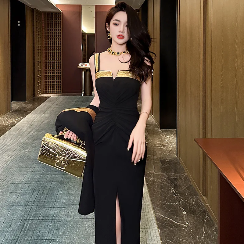 

Женское платье на бретельках Xiaoxiangfeng, Новинка осени 2023, черный сексуальный бюстгальтер, облегающее длинное платье с разрезом, 10892