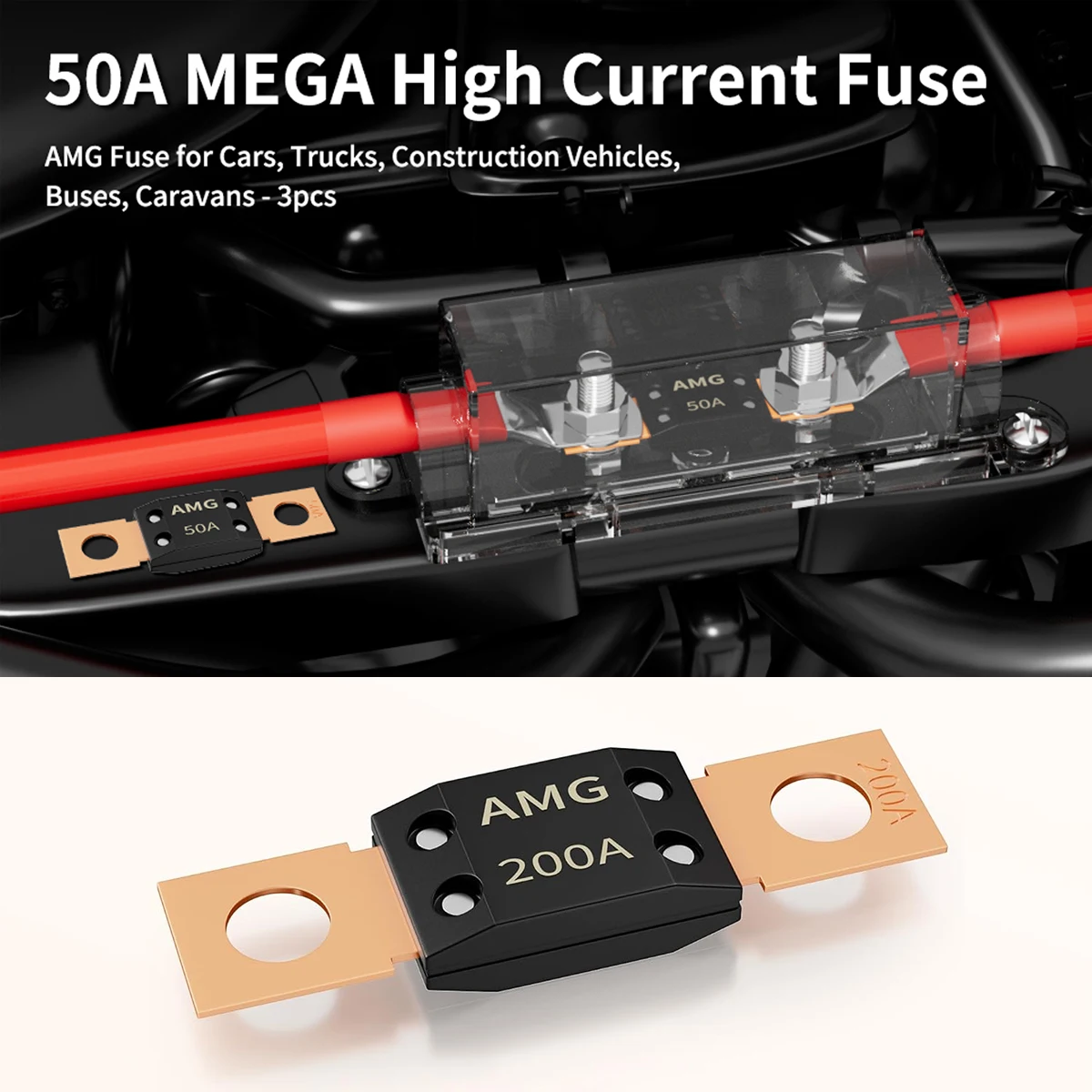 2Pcs 50A/60A/100A/150A/200A MEGA Fuse High Current Bolt Mount Automotive Fuse for Cars Trucks Construction Vehicles