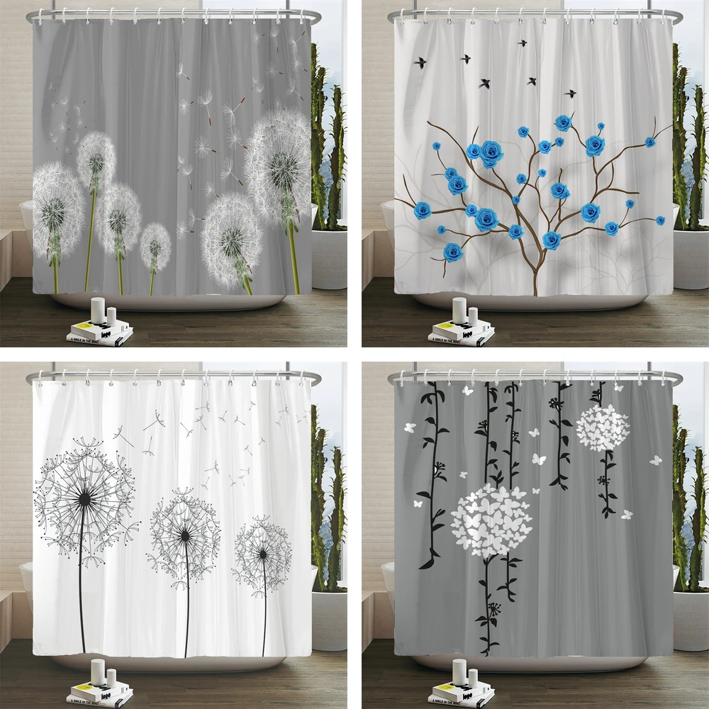 

Leaves Dandelion Printing Shower Curtain Plant Floral Pattern Waterproof Polyester Bathroom Curtain Home Decor With Hooks