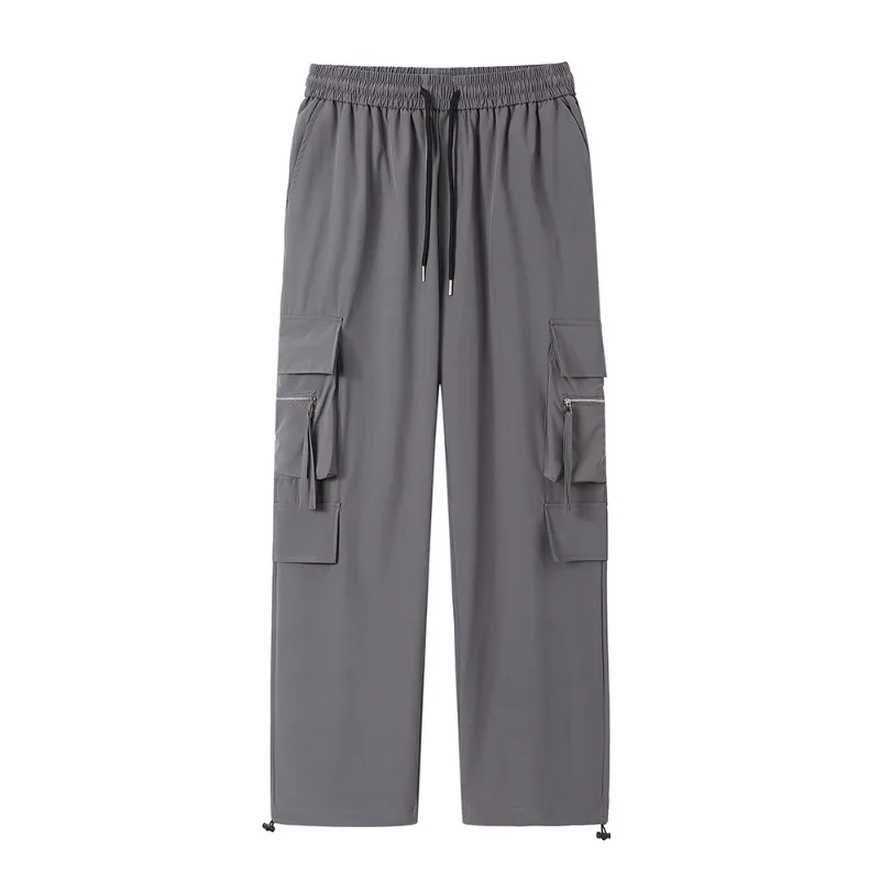 Spring Autumn Men's Clothing Solid Color Elastic High Waist Pocket Casual Loose Trousers Cargo Straight Preppy Style Pants