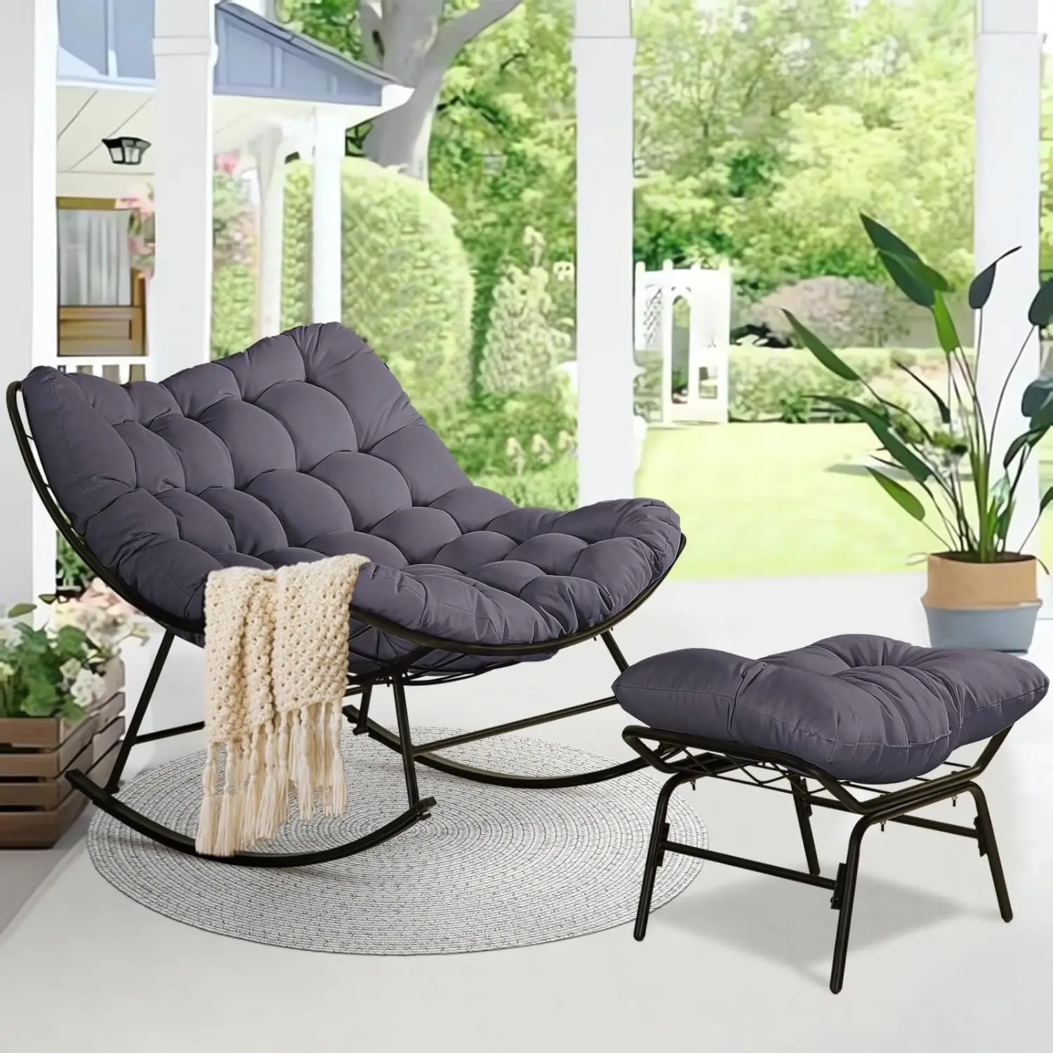 

Patio Rocking Papasan Chair, Outdoor & Indoor Egg Reading Recliner Chair, Royal Comfy Lounge Rocker with Cushion and Ottoman