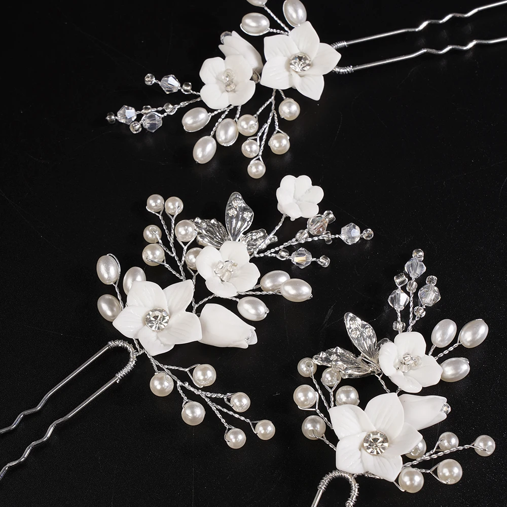 Flower Rhinestone Bridal Hairpins Earring Pearl Crystal Wedding Hair Accessories Women Head Jewelry Party Headpiece Tiaras