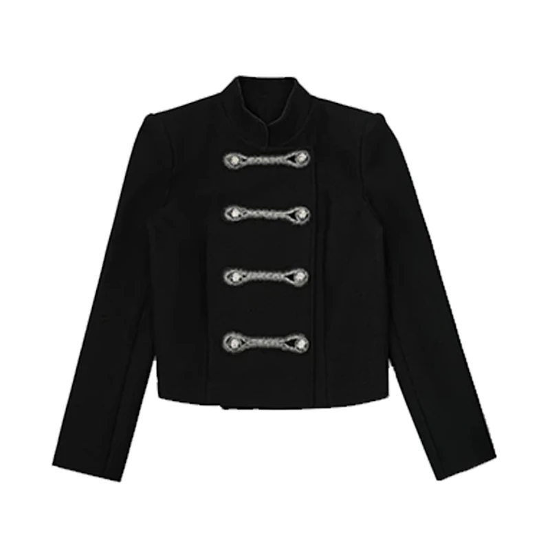 

Fashion Women Metal Button Double breasted Jacket Vintage Autumn Office Ladies Stand Collar Coat Slim French Style Party Jacket