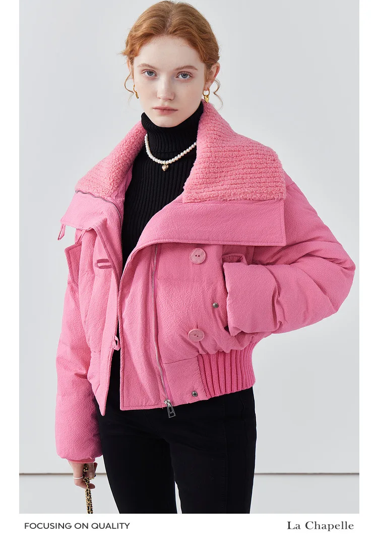 Chic Design Cropped Jacket Winter Short Puffer Jacket Women Clothing Down Cotton Coats Warm Knit Big Collar Coat Bread Jackets
