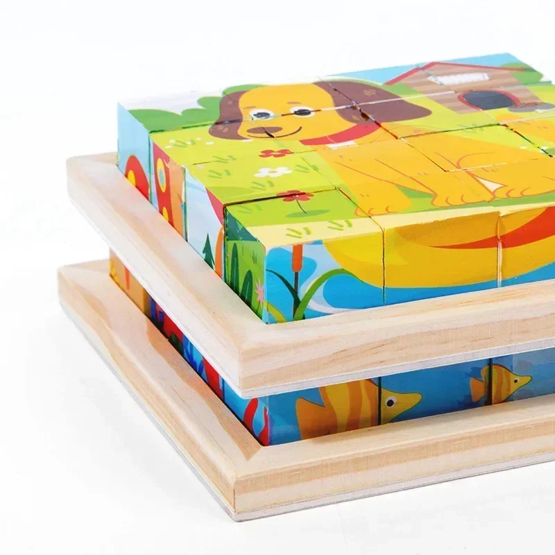 Baby Wooden Blocks Toys Children Six Side Cube Jigsaw Puzzles Game Animal Fruit Traffic Cognize Early Learning Educational Toys 2
