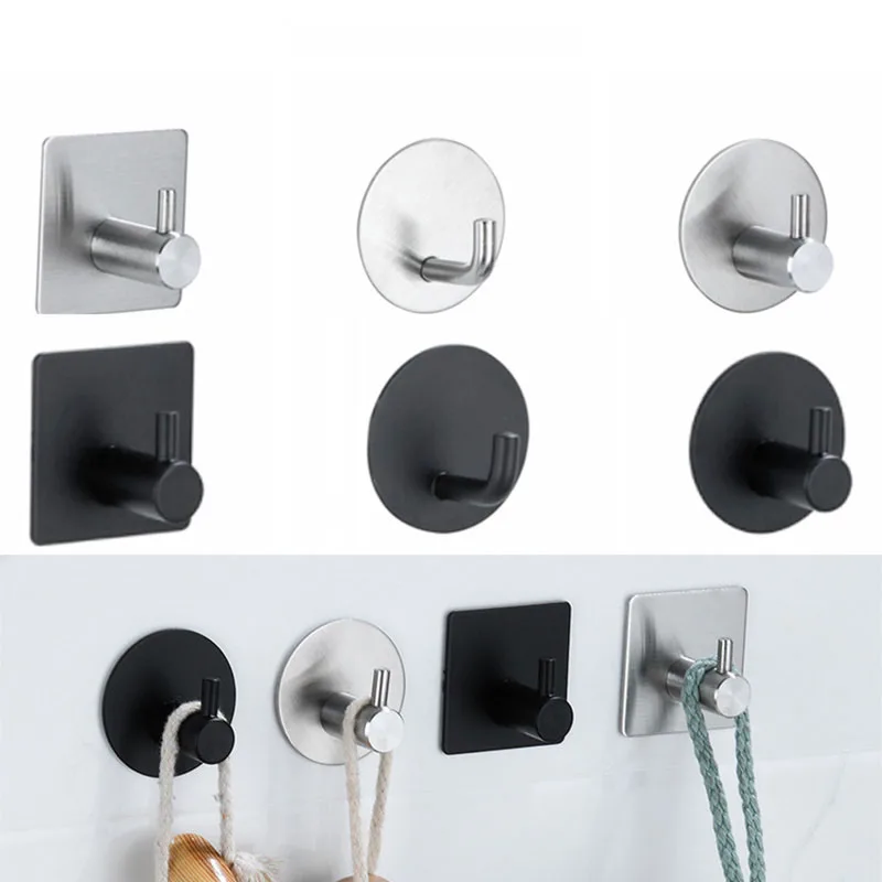 

304 Stainless Steel Strong Load-bearing Kitchen Hook Punch-free Sticky Wall Hanger Storage Bathroom Organizer black silver p