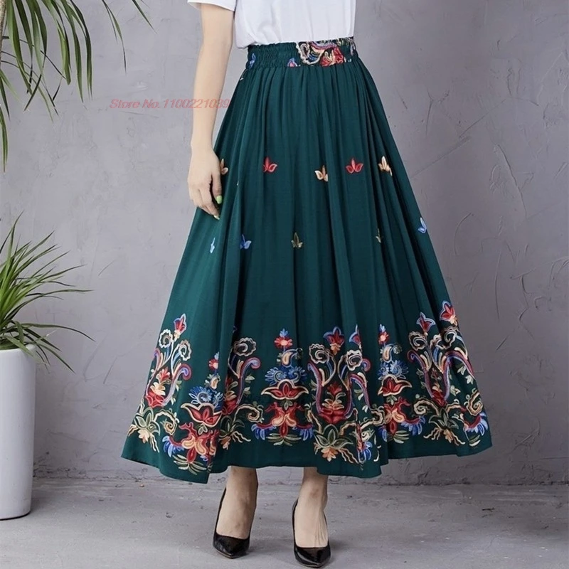 chinese vintage skirt national flower embroidery ethnic skirt retro elastic waist a-line traditional folk dance