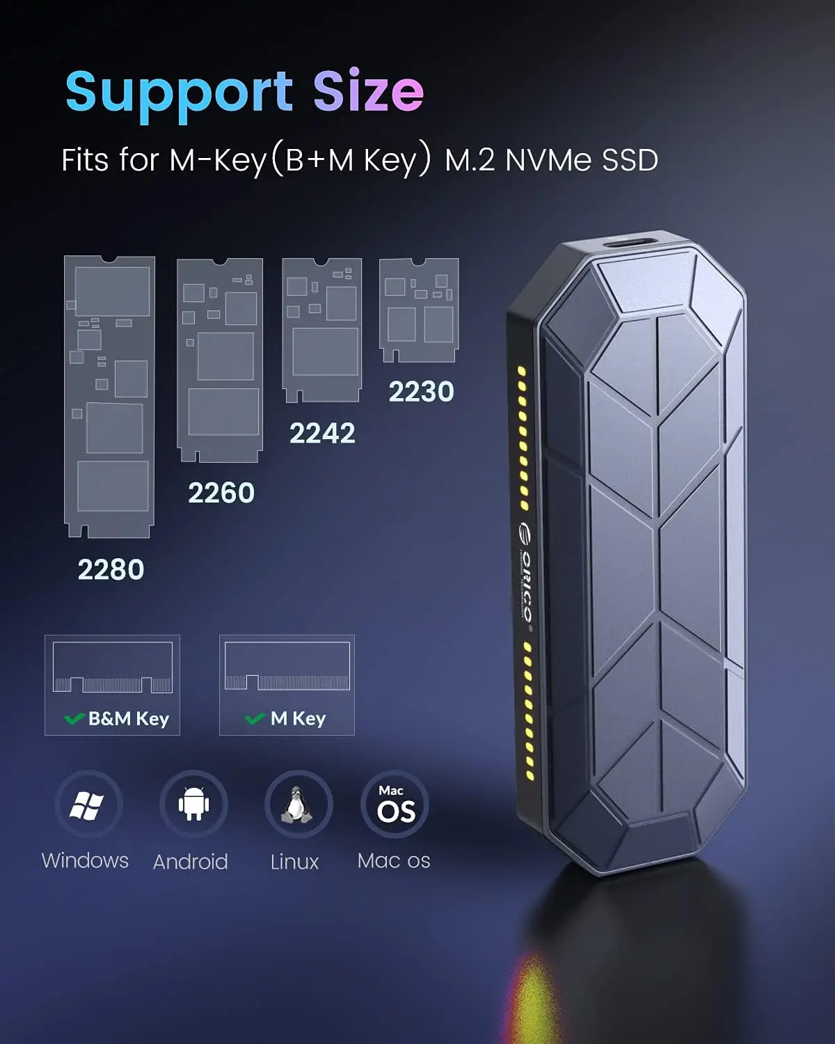 ORICO RGB M2 SSD 인클로저 M.2 NVME 솔리드 스테이트 드라이브 케이스 10Gbps SSD 박스 게임 스타일 컴퓨터 액세서리용 쿨러
