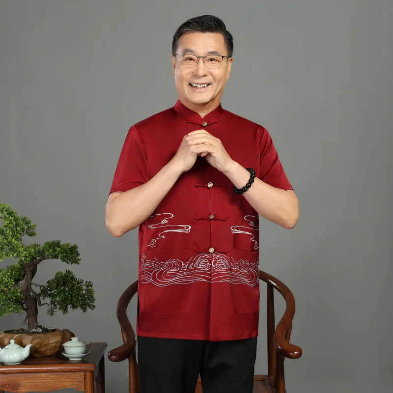 Middle-Aged and Elderly Tang Suit Chinese Style for Men Summer Thin Embroidered Xiangyun Short-Sleeved Top