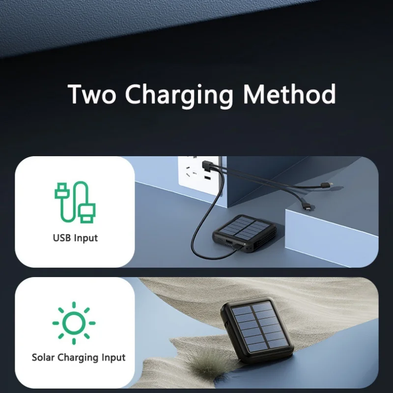 Solar Power Bank 20000mAh Portable Charger with Cable Camping Light Powerbank for iPhone 16 Samsung Xiaomi Mobile Phone Chargers 2