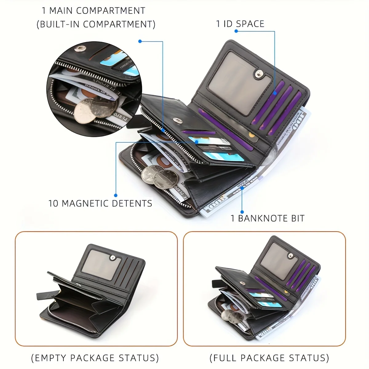 2024 New Men's PU Leather Short Wallet With Zipper Coin Pocket Vintage Big Capacity Male Short Money Purse Card Holder 5
