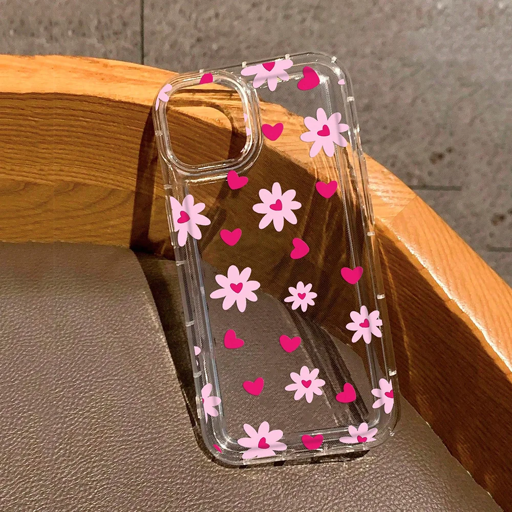Pink Flowers Heart Print Clear Phone Case - Soft Cover