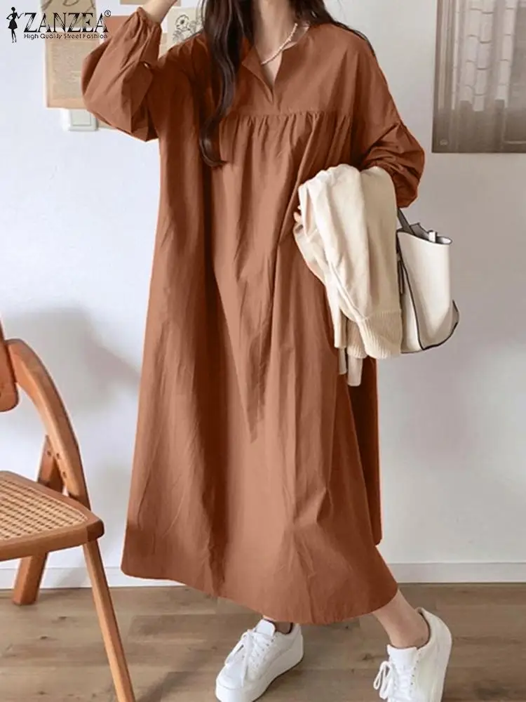 

Женское плиссированное платье ZANZEA, повседневное однотонное платье большого размера, модное длинное платье с длинным рукавом, весенние платья с открытыми плечами 2024