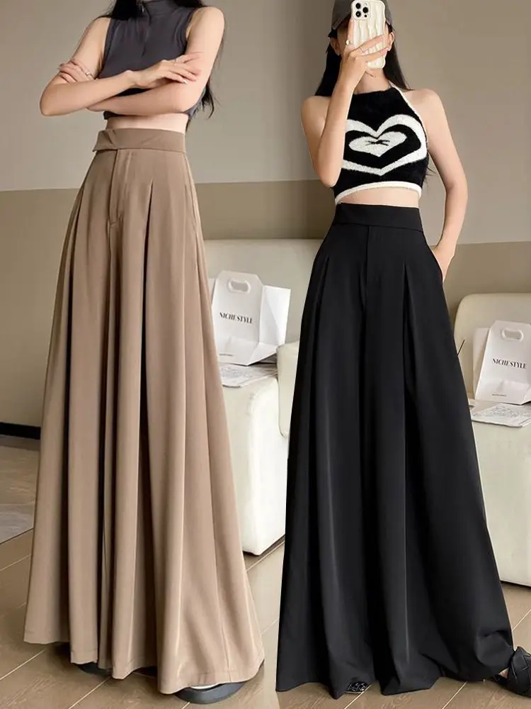 

Wide Leg Pants Women Loose Draped Chic Pure Comfortable Autumn High Waist Leisure Office Lady Temper Mopping Trousers Solid