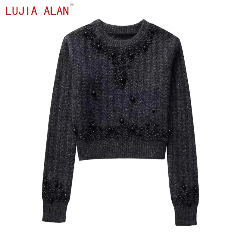 

New Women Artificial Pearl Decoration Knitted Short Sweater Female Long Sleeved Pullover Casual Loose Tops LUJIA ALAN SW2856