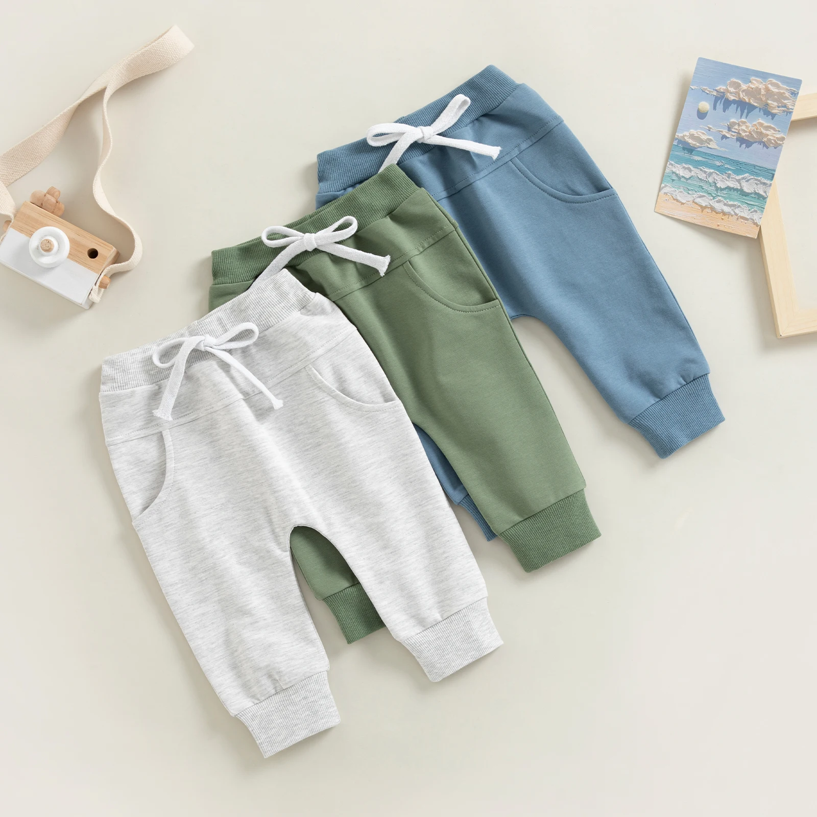 Infant Newborn Baby Boys Sweatpants, Elastic Waist Drawstring Solid Fall Trousers with Pockets for Casual Daily 0-3T 1