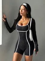 Sexy Leopard Print Sports Fitness Overalls Women Long Sleeve One Piece Bodysuit Female Yoga GYM Short Jumpsuit Black Streetwear - Image 5