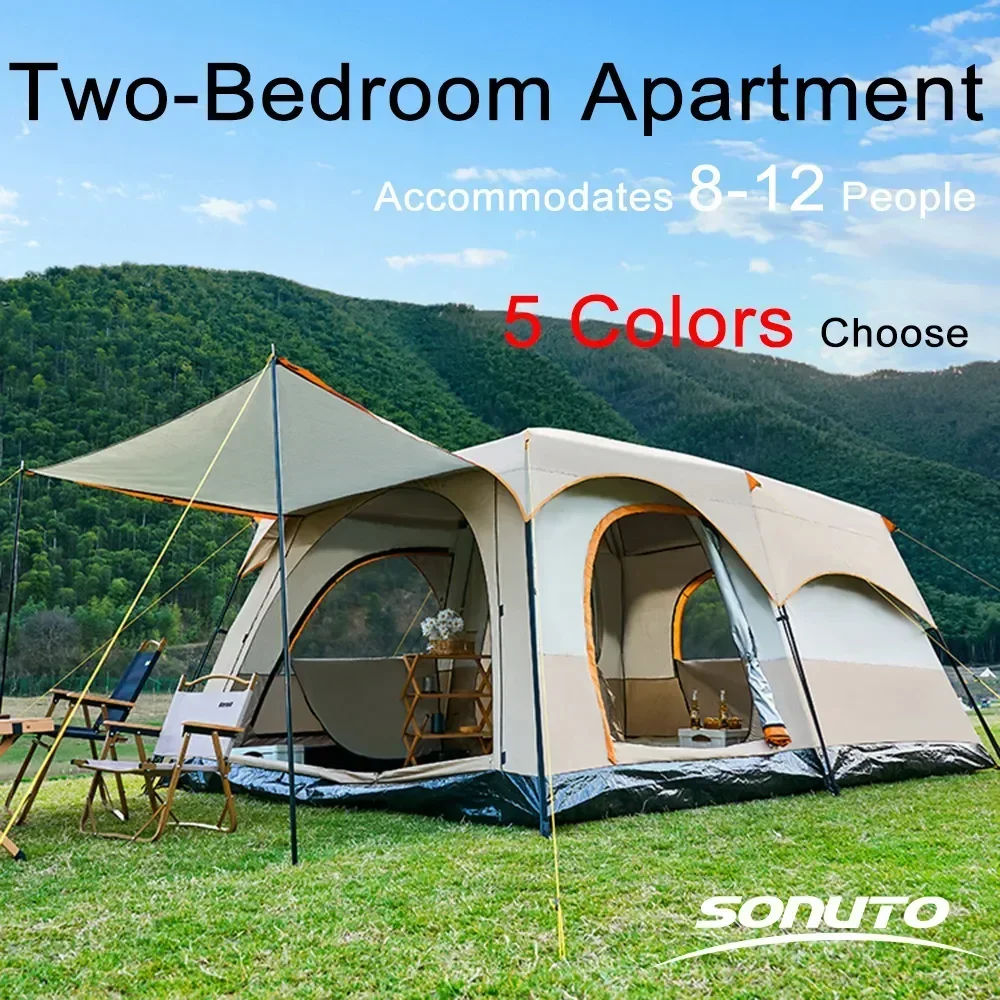 

Sonuto Camping 5 Colors Tent 3-12 Person Double Layers Oversize 2 Rooms Thickened Rainproof Outdoor Family Camp Tour Equipment