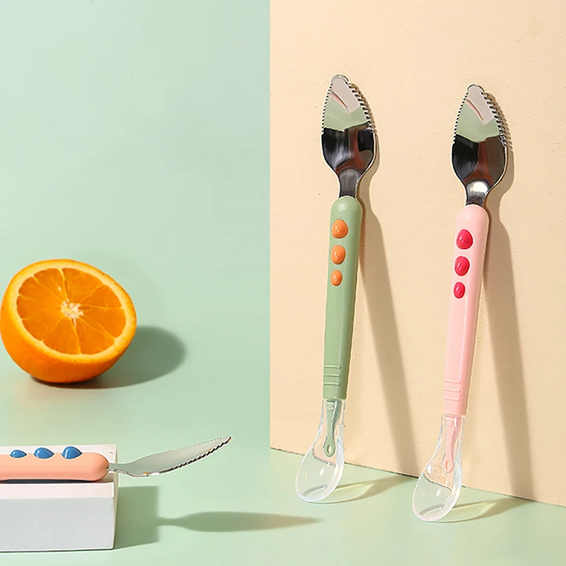 Baby Fruit Scraping Mud Spoon Double Head Silicone Stainless Steel Children Utensil Toddler Infant Food Feeding Tableware